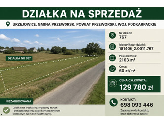 Działka podkarpackie
przeworski
Przeworsk
Urzejowice Na sprzedaż 129 780 PLN 2163 m2 